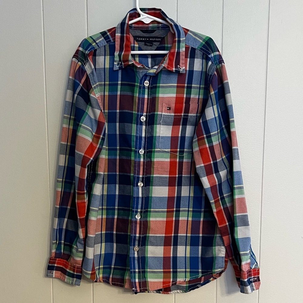 Tommy Hilfiger, long sleeve button-down, colorful plaid size M (12/14)